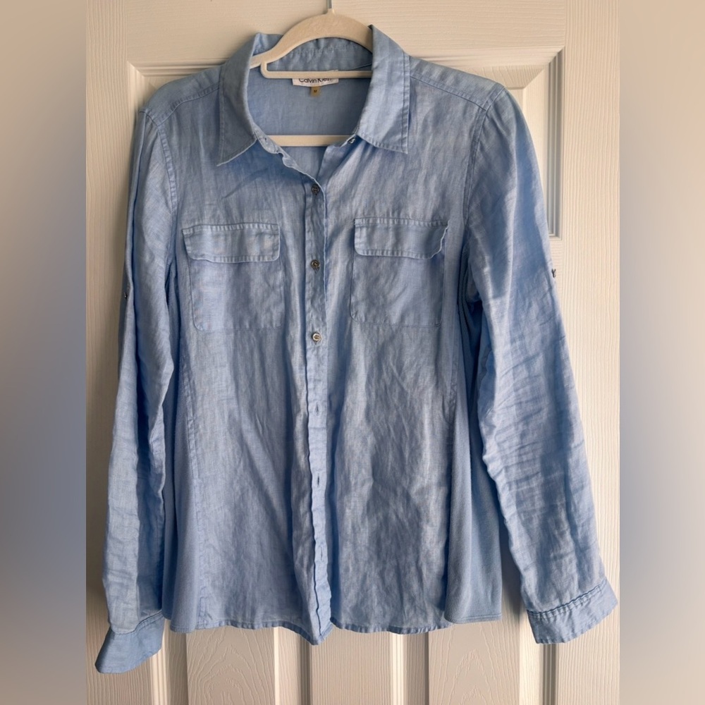 Calvin Klein Sky Blue Linen Medium Button-Up Blouse Women’s - Picture 2 of 10